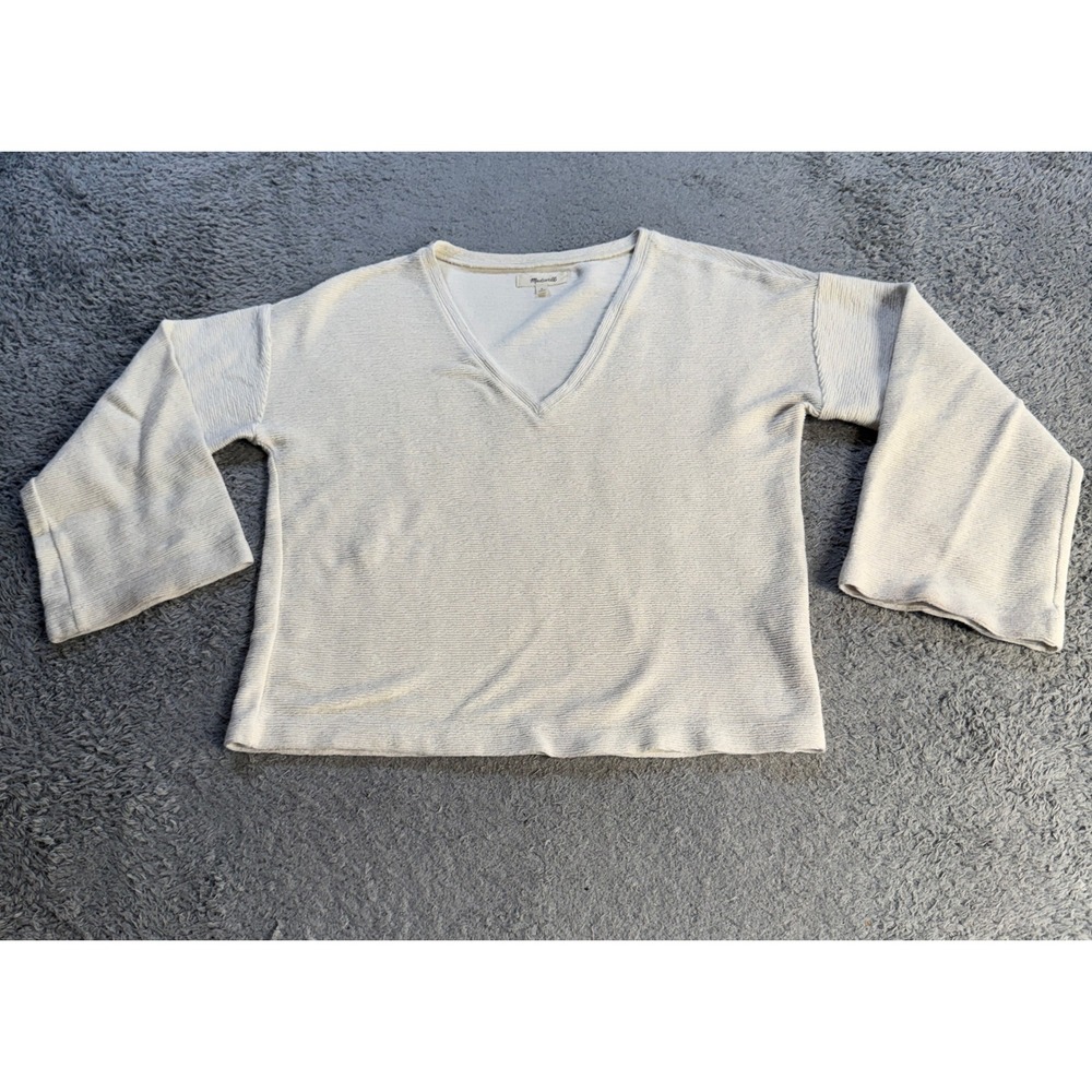 Madewell Womens S V Neck Ribbed Long Sleeve Top Cream Textured Cotton